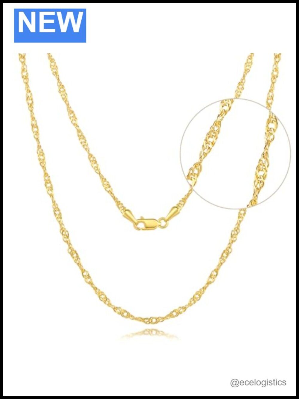 14K Gold Plated Singapore Twist Chain Necklace 16in Lobster Clasp